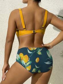 女士度假性感纯色比基尼套装带水果印花和三角泳裤夏季 - 黃色 - 查看 2
