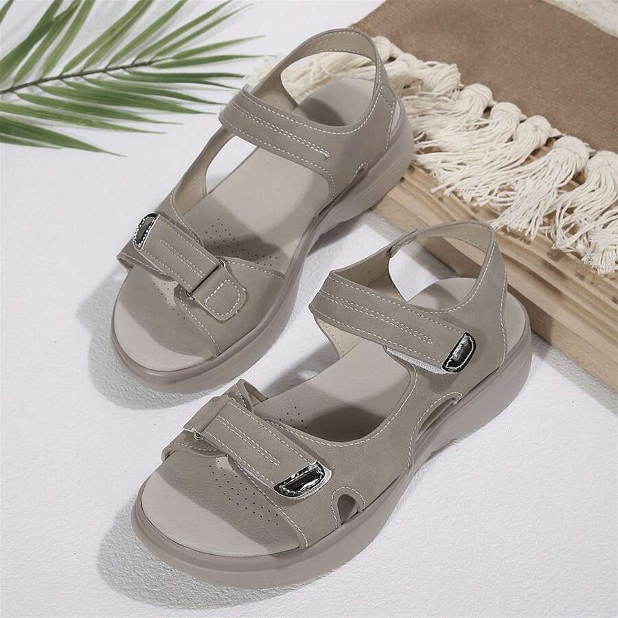 Sandalias de plataforma para exteriores, playa y viajes, cómodas sandalias de mujer, sandalias deportivas tipo chanclas, sandalias abiertas cómodas, calzado plano casual para verano y caminar - Beis - Ver 1