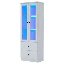 Moderne LED-Vitrine weiß matt 165 cm hoch mit USB-Anschluss, 16-Farben-Fernbedienung, Glasvitrine mit 2 Schubladen, Vertikalvitrine mit verstellbaren Fachböden, Vitrine mit Flügeltüren, MDF-Wohnzimmer - Weiss - Übersicht 2
