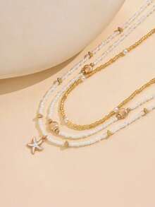 3pcs Set Handmade Bead & Faux Pearl Linked Golden Starfish & Shell Necklace, Minimalist Style Jewelry For Women, Suitable For Daily Wear And Beach Vacation - Multicolor - View 4