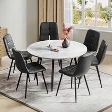 White Marble Table + 6 Black PU Chairs