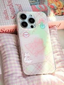 1pc Pastel Plaid Cat & Flower Phone Case, Shockproof Soft Cover, Compatible With Apple IPhone17 IPhone17Promax 16ProMax 16Pro 16 15Promax 15Pro 14 13 12 11 Phone Covers, Perfect Gift For Girls On Festivals - Pink - View 2