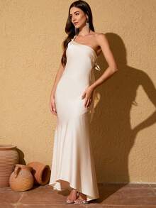 LOVE&LEMONADE 杏色缎面不对称露背系带长款美人鱼伴娘晚礼服 - 杏色 - 查看 2