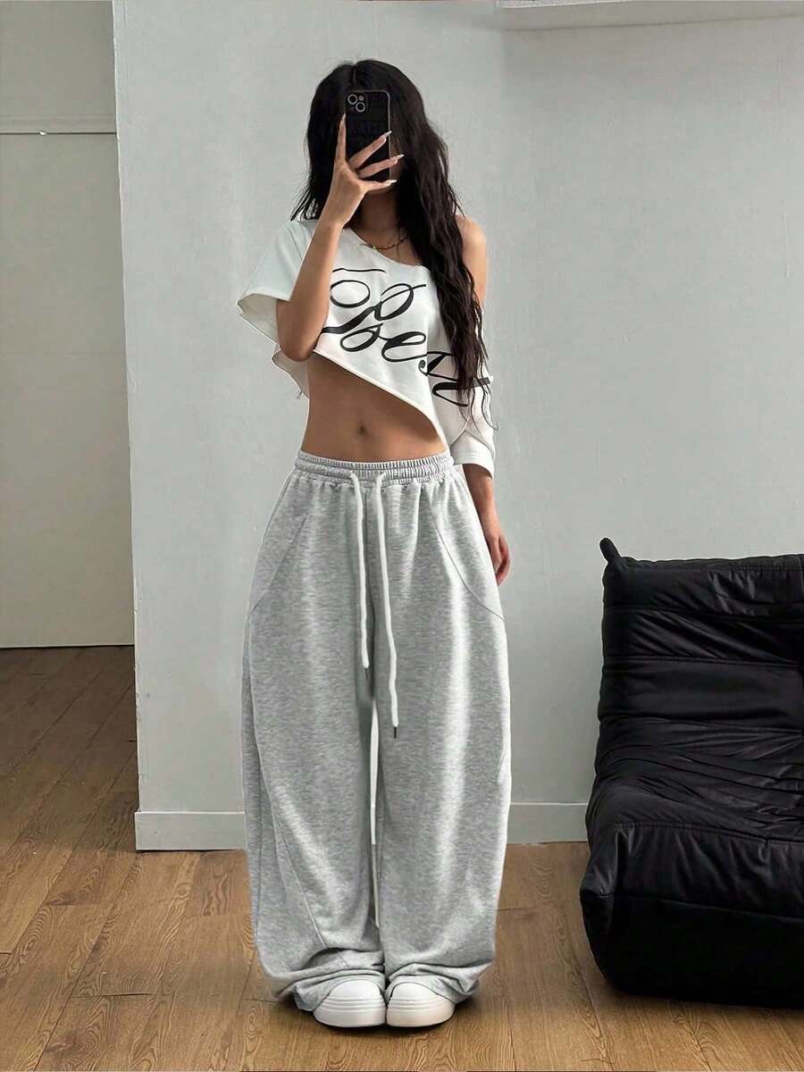 1pc Women's Casual Loose Front Tie Sports Pants, Suitable For Summer, Daily Wear, Graduation Ceremony, Back To School, Female Teacher - Grey - View 1