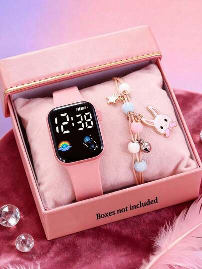 2/1pc Elegant & Cute Fashion Women Square Digital Pink Electronic Watch With Rabbit Bracelet, Suitable For Parties, Outings, Telling Time, Also Great For Back To School, Easter, Thanksgiving, Holiday Gifts