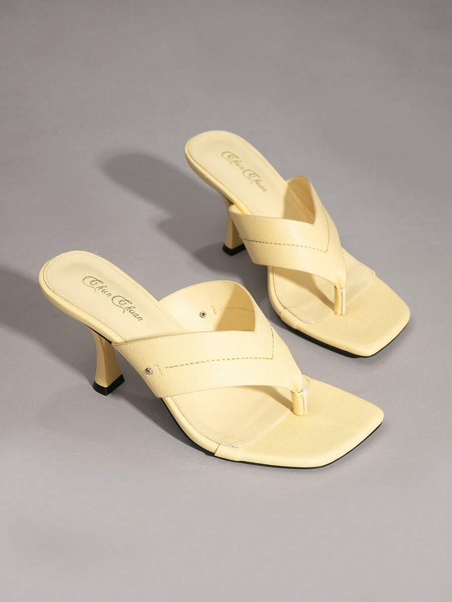 Giày sandal cao gót mũi vuông xỏ chân cho nữ, dép gót nhọn bằng da bóng, dép cao gót dự tiệc thời trang, sandal cao gót công sở thanh lịch, sandal gót nhọn mũi nhọn xỏ chân, giày cao gót thời trang sang trọng, dép cao gót hộp đêm, sandal tăng chiều cao cho người thấp bé, giày cao gót kiểu phương Tây đính đinh tán bằng da PU thanh lịch, phong cách sang trọng, phong cách thường ngày, phong cách nghỉ mát, tiệc tùng mùa hè - Màu vàng - Xem 1