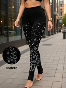 1件装女士闪亮水钻奢华落叶图案踩脚裤，休闲健身服饰 - 黑色 - 查看 5