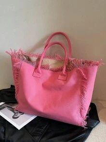 多巴胺帆布手提包，大容量流苏手提包，通勤单肩包 - 粉色 - 查看 6