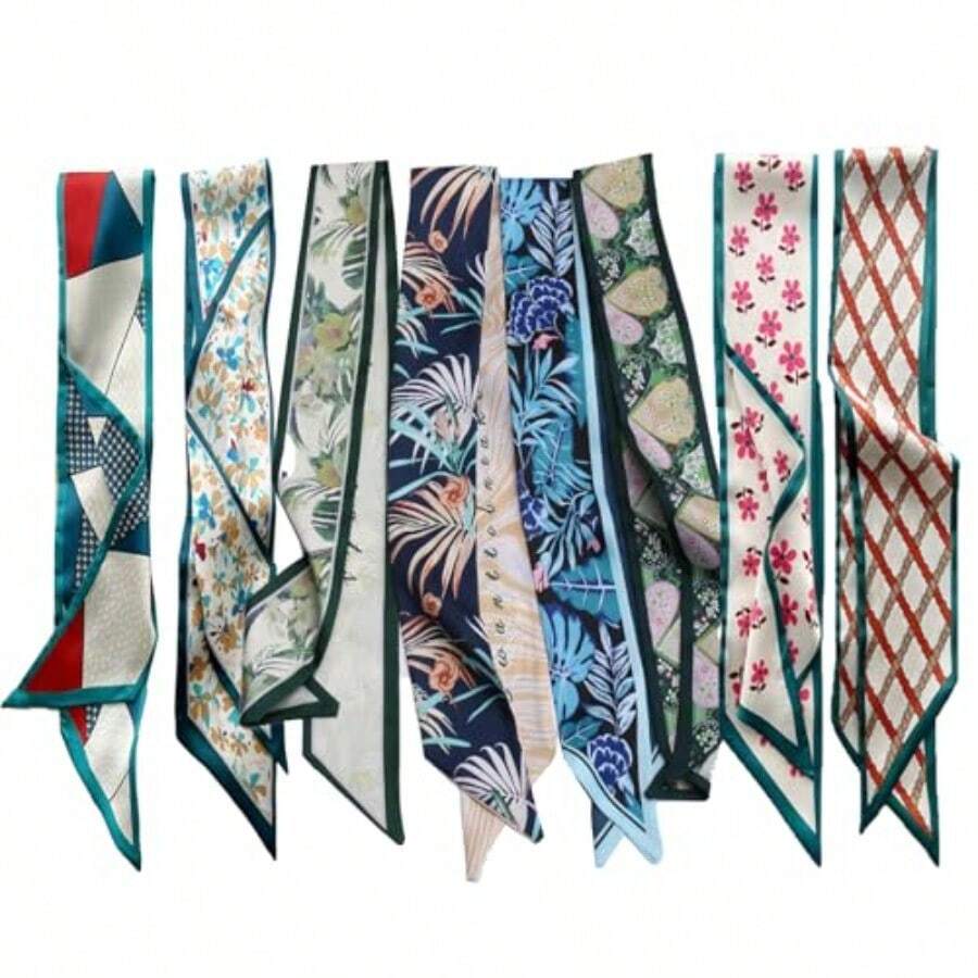 Juego de 8 bufandas para mujer bandanas para la cabeza y cuello accesorios de moda para cola de caballo 35.4 x 2.4 pulgadas - Conjunto de bufandas 2 - Ver 1