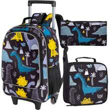3PCS Kids Rolling Backpack, Roller Wheels Boys Bookbag - Wheeled Suitcase Elementary School Bag - Dinosaur - Black - View 7