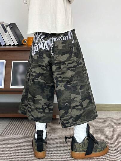 1pc American Streetwear Style Men's Embroidered Patchwork Multi-Pocket Wide Leg Relaxed Fit Casual Jeans Shorts (Belt And Accessories Not Included)