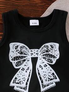 2pcs Baby Girl Fashionable Summer Set: Sleeveless Bow Print Top And Butterfly Print Ruffled Denim Shorts - Black - View 4