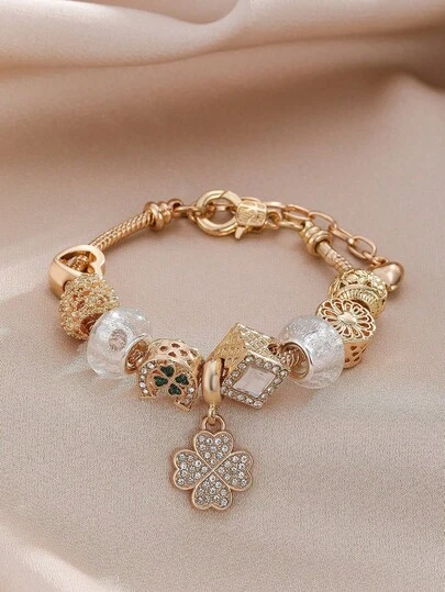 1pc European & American Fashion Lucky Four-Leaf Clover Beaded Bracelet, Girl's High-End Square Hollow Flower Beaded Bracelet For Daily Wear, Party, Gift