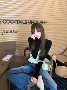 Sexy Polka Dot Print 2 In 1 Long Sleeve Cropped Camisole Knit Top For Women - Black - View 4