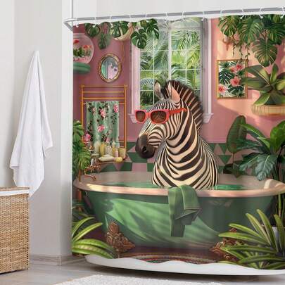 1pc Light Luxury Zebra Plant Shower Curtain, Fun Animal Plant Printed Shower Curtain, Very Suitable For Bathroom Decoration, Universal Room Decoration, Home Decoration Set, Bathroom Accessories Bath Curtain
