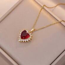 1pc Women's Elegant Red Heart Pendant Necklace, Gold Stainless Steel Chain, Suitable For Valentine's Day, Mother's Day & Birthday - 金色 - 查看 1