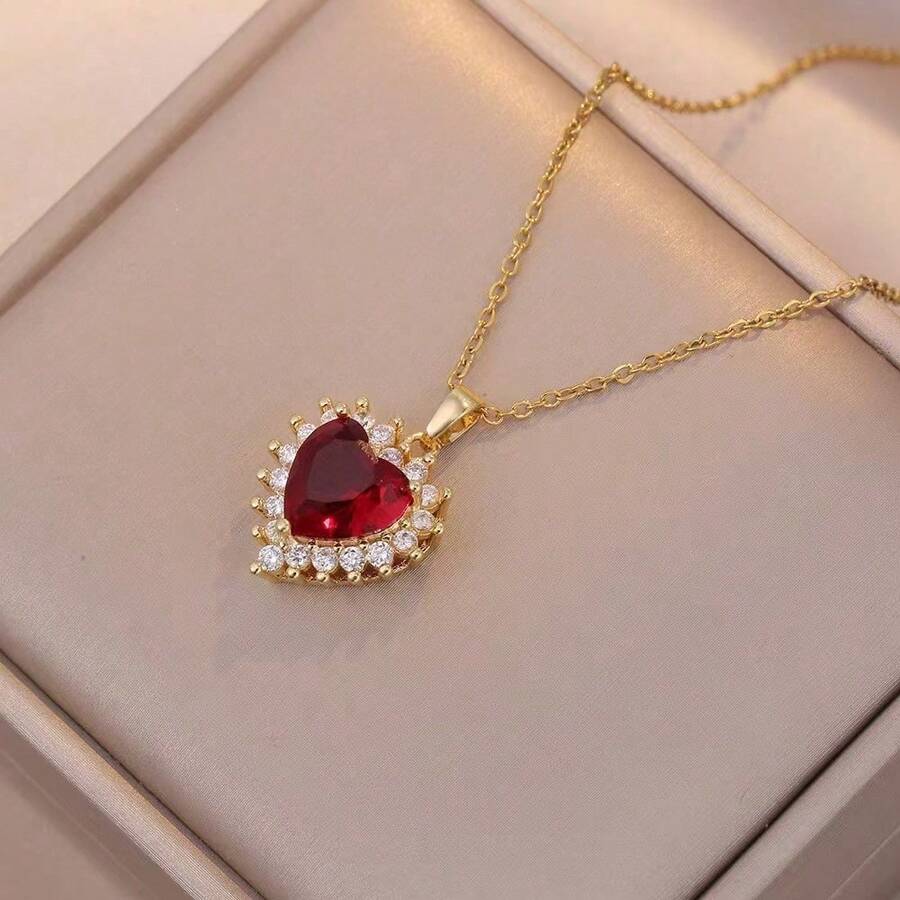 1pc Women's Elegant Red Heart Pendant Necklace, Gold Stainless Steel Chain, Suitable For Valentine's Day, Mother's Day & Birthday - 金色 - 查看 1