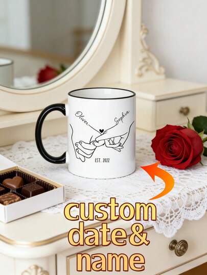 1pc Personalized Holding Hands Couple Mug – Custom Names & Date Printed Coffee Cup, Hand Sketch Line Art Design, Romantic Valentine's Day Gift For Couples, Sweet Anniversary Love Memory Mug