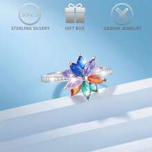 1pc 925 Sterling Silver Jewelry, Exquisite Design, Inlaid With Various Colors Of Cubic Zirconia Gemstones, Flower-Shaped, With Rotating Function - Silver - View 3