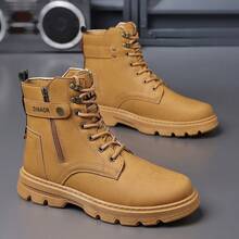 Men's High Top Combat Boots - Lace-Up Side Zipper Thick Sole Tactical Boots For Outdoor/Casual - Brown - View 2