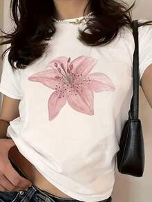 Women's White Short Sleeve Round Neck Polyester T-Shirt With Pink Lily Flower Print, High Stretch Fabric, Cropped Fitted Top, Suitable For Office, Casual And Daily Wear Summer - White - View 5