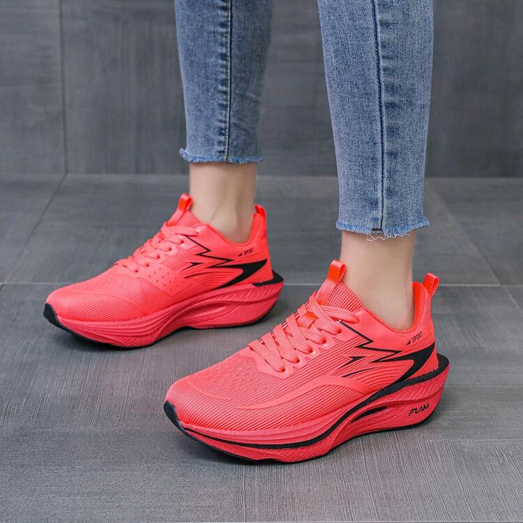 女士新款时尚透气轻便减震跑步鞋，超软鞋底专业运动鞋，随机印花，休闲布面健身鞋，四季皆宜 - 紅色 - 查看 4