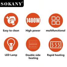 SOKANY 08127 Aparat de sandvișuri multifuncțional, aparat de mic dejun, robot de bucătărie mic. Putere mare de 1400 W, încălzire pe două fețe, indicator luminos LED, matriță interioară cu 3 modele. Potrivit pentru prepararea ouălor/fripturii/hot dog-urilor/sandvișurilor. Ideal pentru micul dejun acasă, gustări la birou, camping în aer liber, instrument esențial pentru micul dejun în bucătărie. - Fișă tip EU E (220-240V) - Vizualizare 2