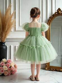 女童圆领水钻蝴蝶结网纱优雅舞会礼服，适合生日派对、毕业典礼、重要场合，不含头饰 - 綠色 - 查看 6