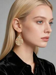 2只独特设计彩色水晶水滴女士耳环，镀金网格，轻盈奢华风格日常佩戴耳环 - 金色 - 查看 3