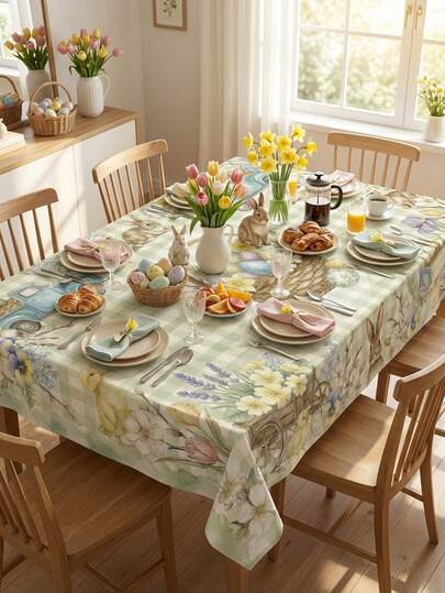 1pc Vintage Gingham Easter Tablecloth - Tan & Cream Check With Classic Bunnies & Tulips, Heirloom-Quality Decor For Timeless Family Brunches & Gatherings