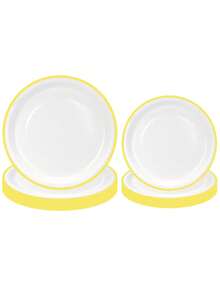 Set Piring Kertas Sekali Pakai Warna Kuning dan Putih Isi 20/40/60 Buah, Termasuk Piring Makan dan Piring Dessert, Cocok untuk Pesta, Ulang Tahun, Pernikahan, Liburan, dan Acara Lainnya - Latar belakang putih dengan batas kuning - View 3