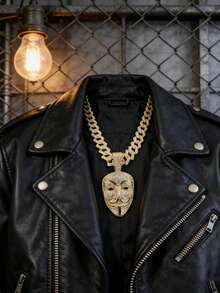 1件朋克摇滚嬉皮风链合金镶钻吊坠项链，嘻哈面具设计，男士款 - 面具吊墜項鍊 - 查看 3