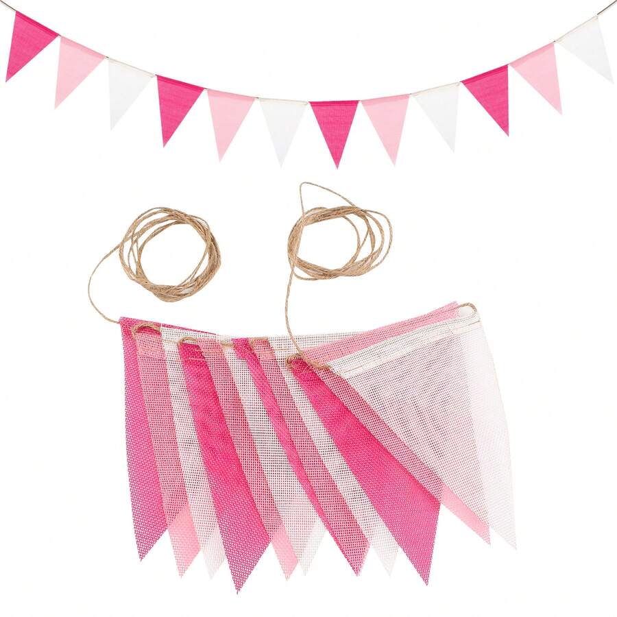 1件粉白渐变麻布三角旗，可爱派对三角旗，复古派对和野餐装饰，适用于婚礼和婴儿派对 - 彩色 - 查看 1