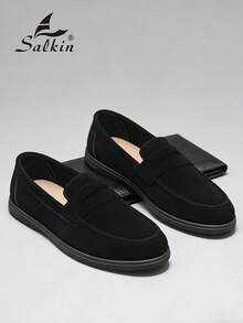 Salkin 1 双男士设计师莫卡辛鞋，绒面革套脚便士乐福鞋，男士真皮鞋，绅士商务社交鞋，男士日常办公派对婚礼鞋，情侣约会鞋，浪漫晚餐鞋，节日礼物鞋，返校学生休闲鞋，学院风，请选择大一码的尺码。 - 黑色 - 查看 6