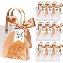 ¡RecomendadoBolsa de Plástico de PVC Transparente, 10 Bolsas de Regalo de Plástico Transparente con Asa, Bolsas de Compras Reutilizables con Cintas y Paja de Rafia 20x15x7cm (Rosa)¡Top de Temporada - Champán - Ver 10