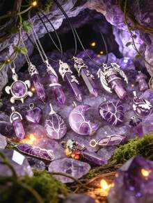 1pc Natural Amethyst Spiritual Tree Of Life Necklace - Hexagon Wrapped Heart Pendant To Enhance Energy; Healing Crystal, Ideal For Men And Women - Purple - View 2