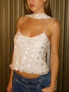 Women Y2K Vintage Polka Dot Camisole Fairy Coquette Mesh Backless Tank Top Low Cut Spaghetti Strap Crop Tops - trắng - Xem 1