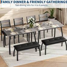 Set de Mesa de Comedor para 4 Personas, Mesa de Cocina con Estructura de Metal y 2 Sillas + Banqueta Tapizada, Diseño con Bordeado, Mobiliario de Comedor Ahorrador de Espacio para Pequeños Espacios - Gris - Ver 5