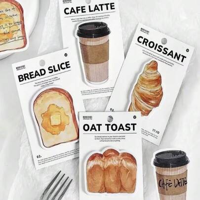 30pcs/Pack Retro Aesthetic Bread & Coffee Shaped Memo Pads, Cute Cartoon Toast, Croissant, Latte Themed Sticky Notes, Suitable For Students, Teachers, Planners, Cafes, Bakeries, Office Supplies, Gifts