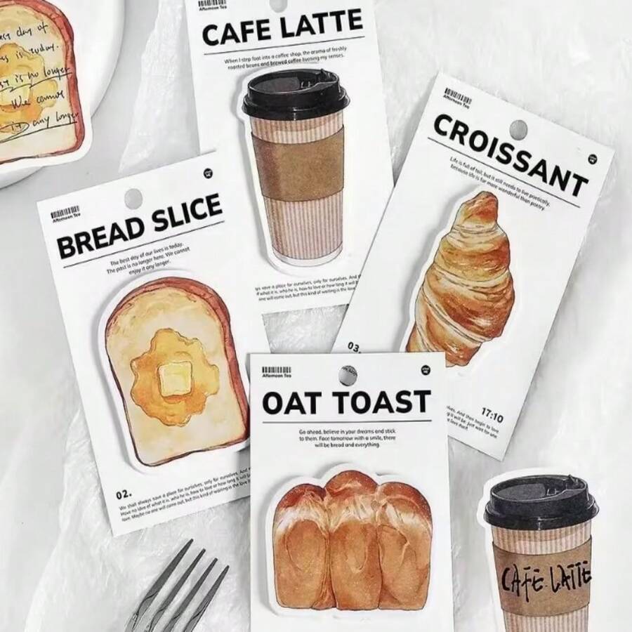 30pcs/Pack Retro Aesthetic Bread & Coffee Shaped Memo Pads, Cute Cartoon Toast, Croissant, Latte Themed Sticky Notes, Suitable For Students, Teachers, Planners, Cafes, Bakeries, Office Supplies, Gifts - Bread Coffee Good Weather - View 1