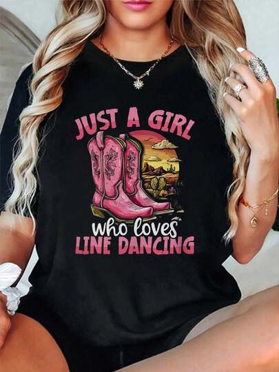 100% Cotton Just A Girl Who Loves Line Dancing Pink Cowboy Boots T-Shirt Women's Vintage Relaxed Fit Tee Premium Soft Tops Printing Round Neck Fashion Shirts