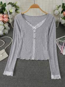 女士秋冬蕾丝边V领长袖修身吊带背心，灰色春季款 - 淺灰色 - 查看 4