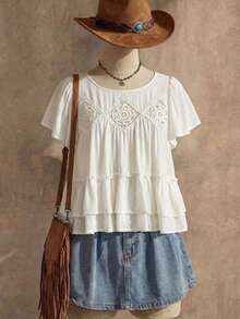 Rusttydustty Áo thun nữ cỡ lớn kiểu Bohemian, phối bèo nhún, khoét lỗ, phối nhiều mảnh vải, màu trắng, dáng rộng thoải mái, thích hợp mặc đi dự tiệc hoặc mặc hàng ngày. - trắng - Xem 1