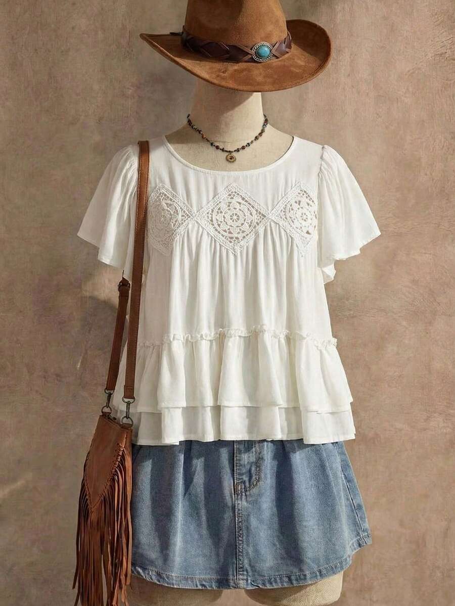 Rusttydustty Áo thun nữ cỡ lớn kiểu Bohemian, phối bèo nhún, khoét lỗ, phối nhiều mảnh vải, màu trắng, dáng rộng thoải mái, thích hợp mặc đi dự tiệc hoặc mặc hàng ngày. - trắng - Xem 1