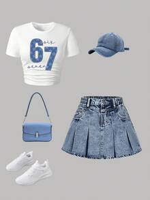 少女卡通印花短袖上衣和牛仔裙套装 - 白色 - 查看 2