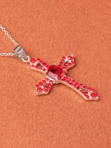 1 pieza Collar con cruz completamente cubierta de rhinestones rojos, collar para mujer - Rojo - Ver 6