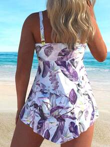 Purple Feather Printed Waist Cinching Women's Tankini Swimsuit Set - Nhiều màu - Xem 2