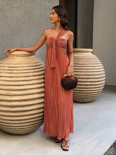Doriss High-End Brown One-Shoulder Ruched Bustier Dress, Elegant For Vacation, Spring & Summer Dress, Court Style, Evening Gala, Valentine Day, Prom Party, Holidays, Festivals, New Year Outfit