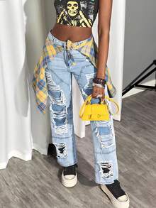 Women's Casual Pockets Double Layer Distressed Straight Leg Jeans - Light Wash - View 1