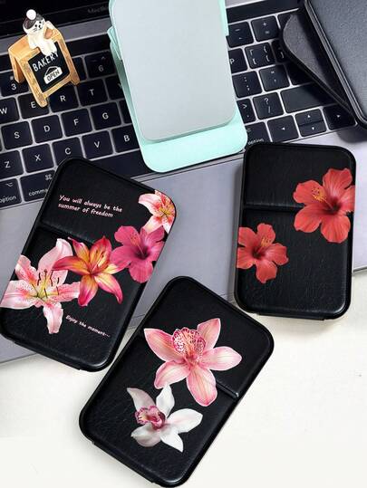 1/2pcs Foldable Makeup Mirror With Flower Pattern, Adjustable High-Bottom Desktop Mirror With Lily And Orchid Pattern, Hand Held Mirror For Makeup, Travel Mini Pocket Mirror, Multi-Purpose Makeup Tool, Birthday Gift For Female Friends, Holiday Gift